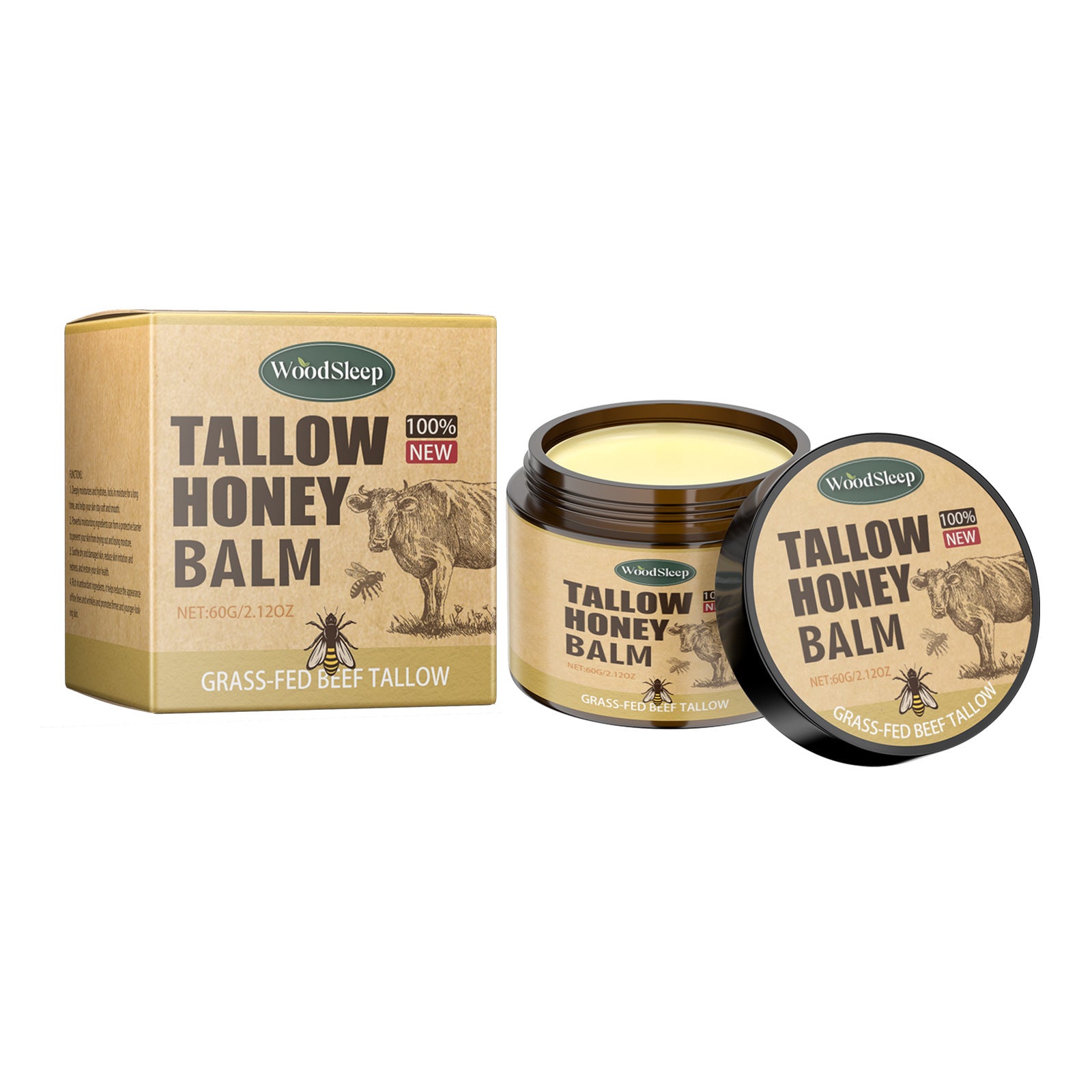 Beef Tallow for Skin - 100% Organic Grass-Fed Beef Tallow Balm with Raw Honey, Natural Moisturizer