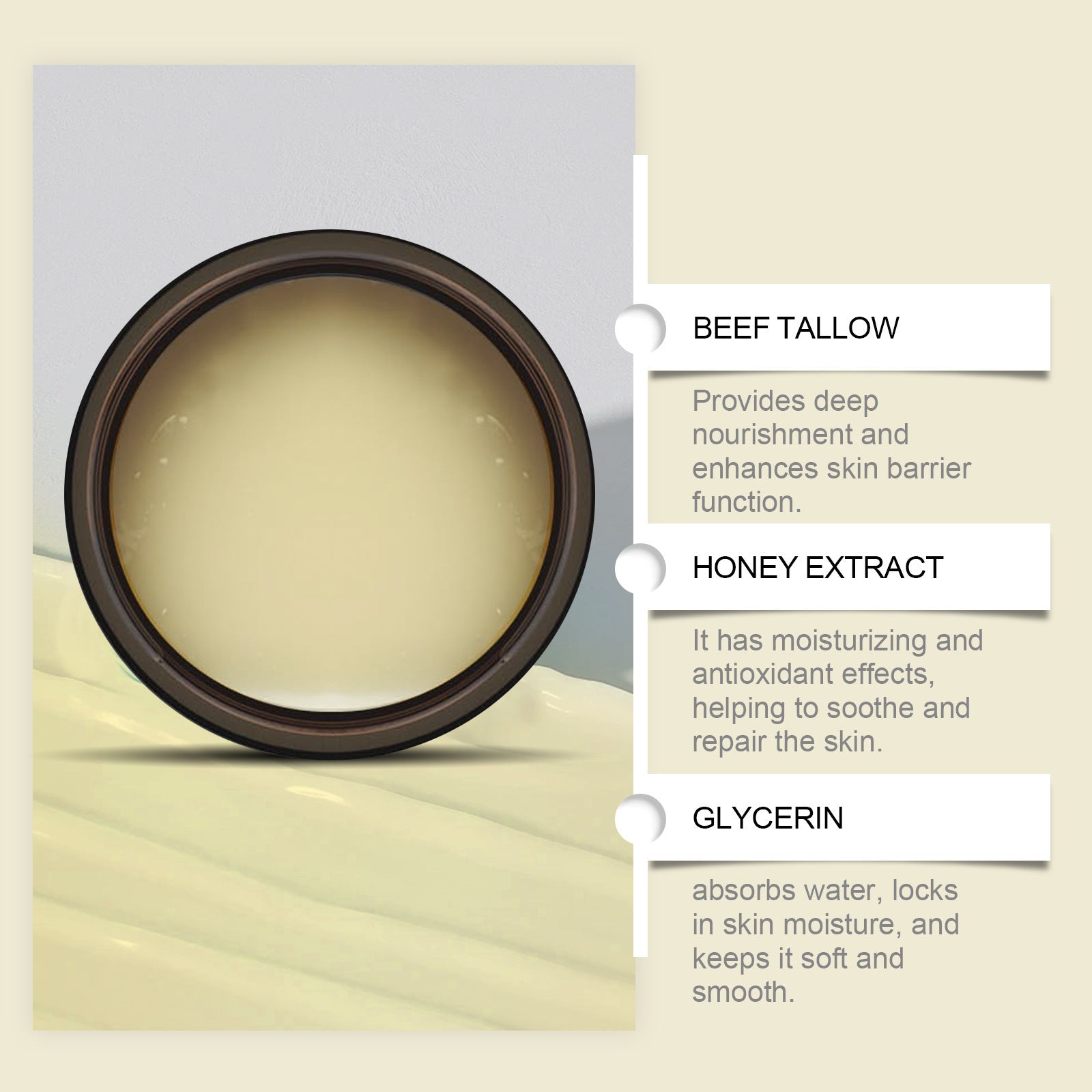 Beef Tallow for Skin - 100% Organic Grass-Fed Beef Tallow Balm with Raw Honey, Natural Moisturizer